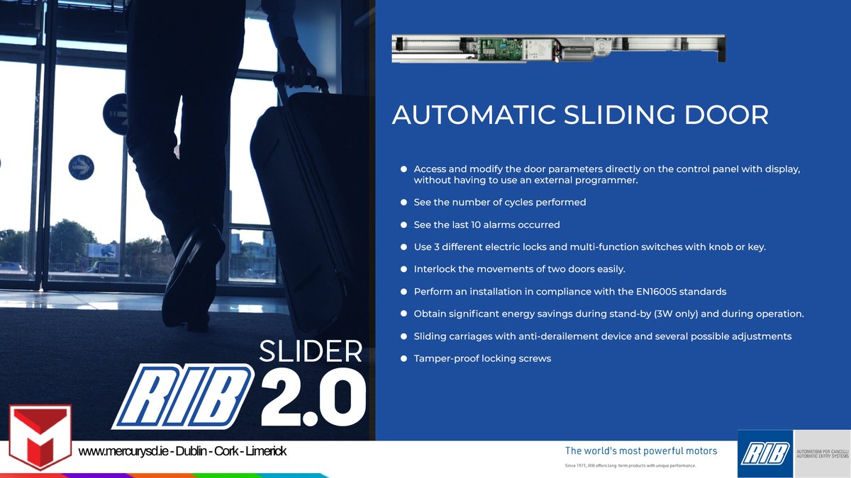 MercurySecD's tweet photo. RIB Slider2.0 Automatic Door available now from Mercury Security Distribution.
Access and modify Door Parameters directly with its display.
This product complies fully with EN16005 Standards, also you can obtain significant Energy savings on standby using only 3 Watts! https://t.co/LSuJ6eoTwx