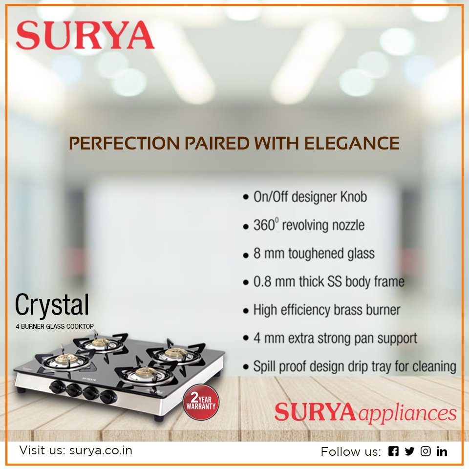 surya_roshni's tweet photo. #SURYA #Crystal #Glass #cooktop with 4 burners is a smart upgrade to your conventional gas stove.
Visit us at: https://t.co/U5gZo7rQ1I
#Homeappliances #suryahomeappliances #suryacooktop #4Burner https://t.co/6ChrpzEocm