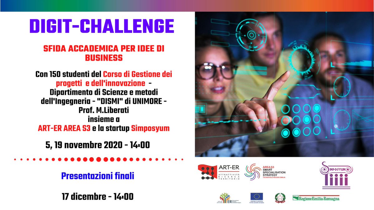 lucapiccinno13's tweet photo. Nei giorni 5, 19 novembre e 17 dicembre l’iniziativa on-line “Digit-Challenge" – Sfida accademica per idee di business” con 150 studenti di @UNIMORE_univ. Tema: mondo del #digitale, #eventi e #community online. #Challenge organizzata con @Arter_ER #AREAS3 #ReggioEmilia https://t.co/ixltF9MLTN