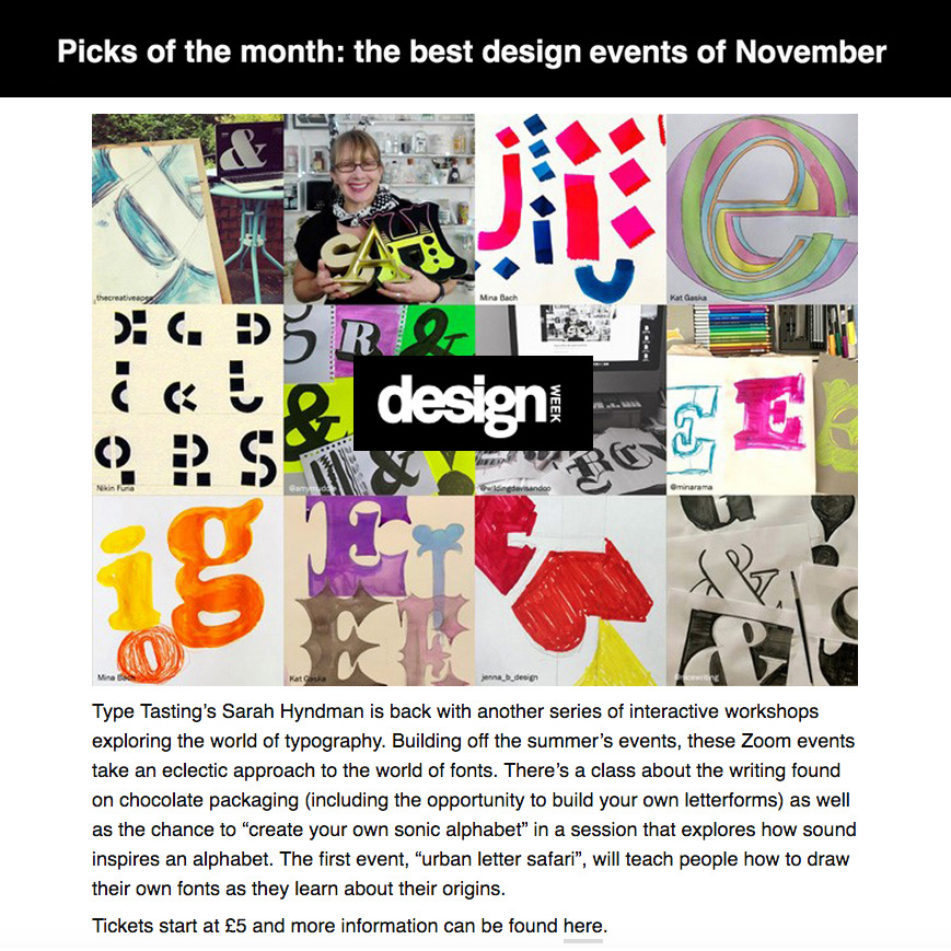 TypeTasting's tweet photo. Excited my new 'Learn in lockdown' events are included in @Design_Week's Picks of the month. Find out more about the new live Zoom events here: https://t.co/VPESvPqpRE
.
#event #november #zoom https://t.co/0XfRsM3rrv