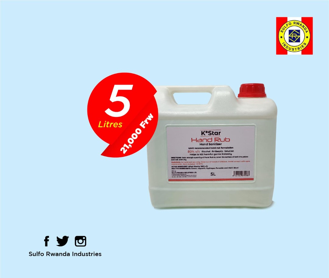 sulfo_rwanda's tweet photo. Cleaning your hands with our #SulfoKStar is one of the most important steps you can take to avoid getting Corona and spreading germs to those around you.
Apart from 1L container, it is now available in a 5L container too.

RSVP: +250783830028

#SulfoRwanda #StaySafe #Rwanda #RwOT https://t.co/1ze9AbB37C
