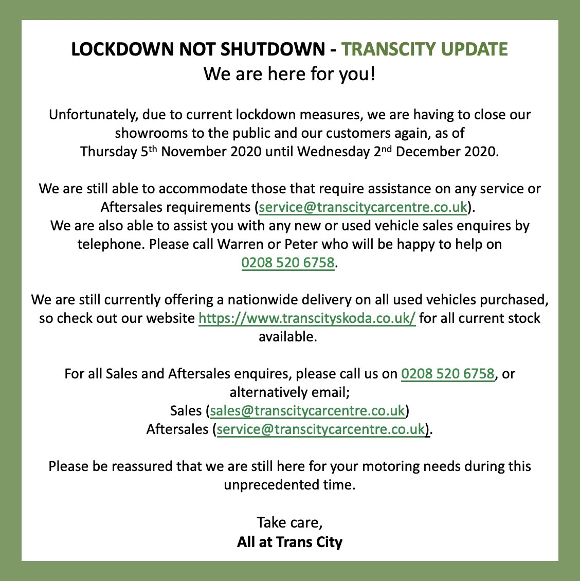 Lockdown not Shutdown - We are here for you 💚

#transcity #lockdownnotshutdown #walthamstow #london #londoncars #skoda #londonskoda #update #covid19
