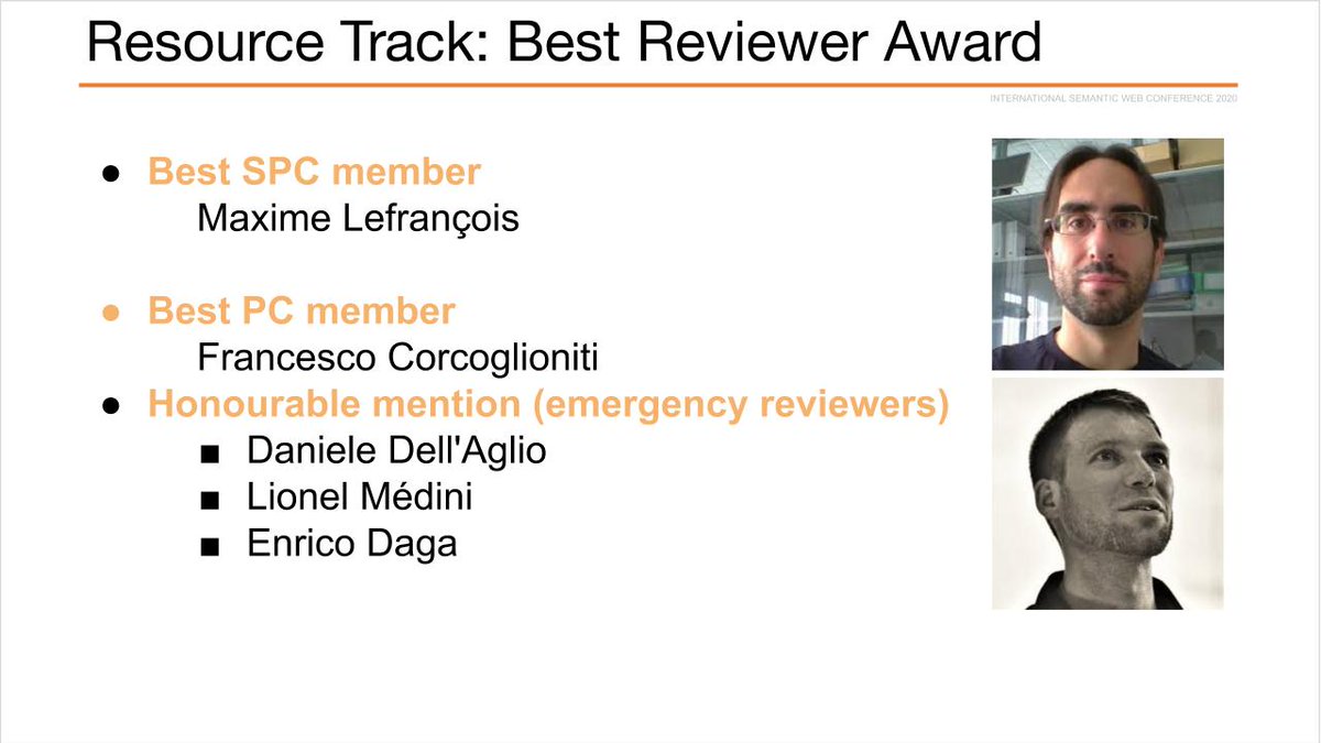 iswc_conf's tweet photo. The #iswc2020 outstanding SPC member award in the resource track goes to Maxime Lefrançoise; the outstanding PC member award goes to Francesco Corcoglioniti! Congratulations to the awardees and honorable mentions and thanks to all PC members for their valuable service! https://t.co/Bf4112BTXT
