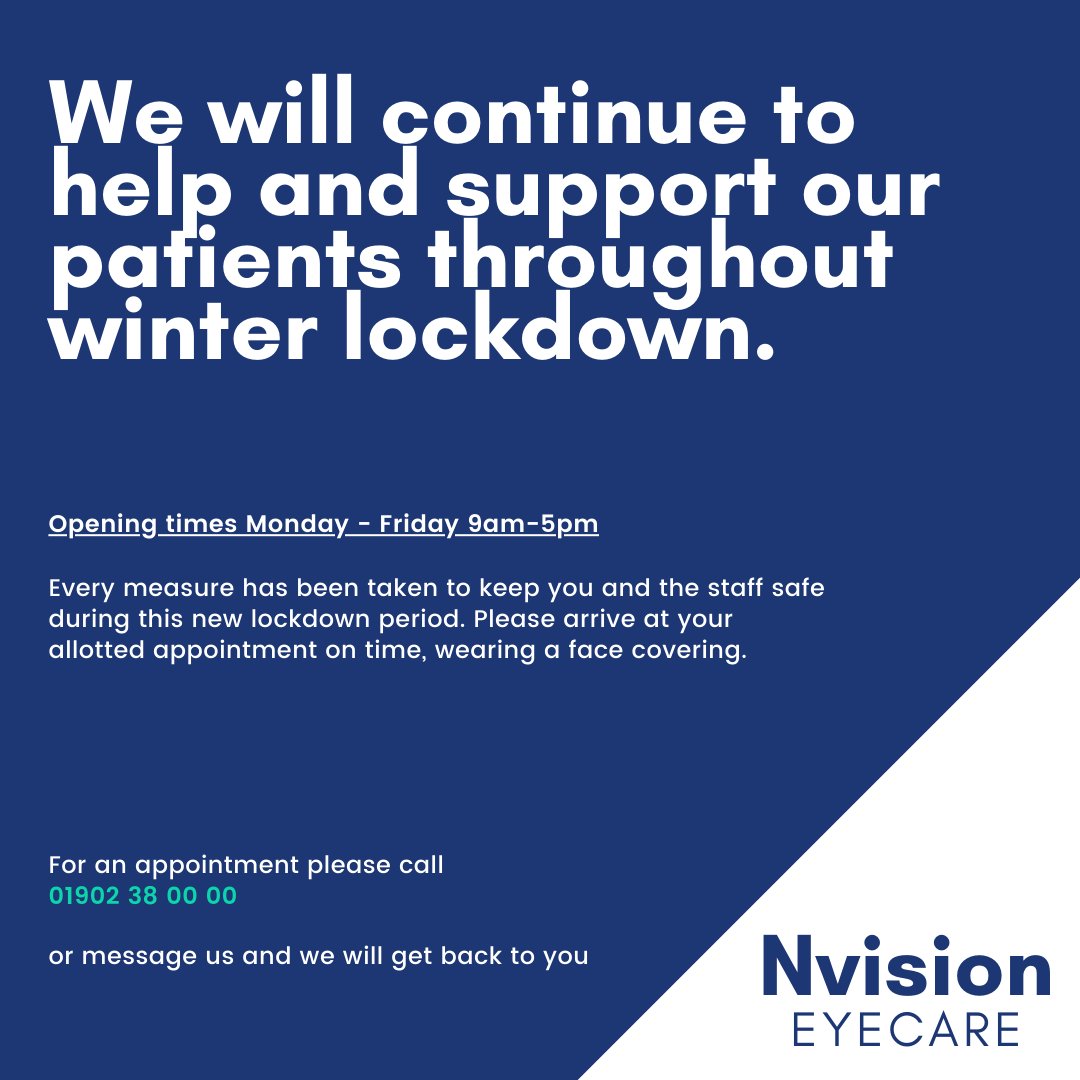 NVisionCastlecr's tweet photo. We are remaining open during winter lockdown! Any eye concerns, broken spectacles or even a simple eye examination. Call us, we're here to help. 01902 38 00 00 ๐ #blkcountryhour #castlecroft https://t.co/y8QxGlNEnI