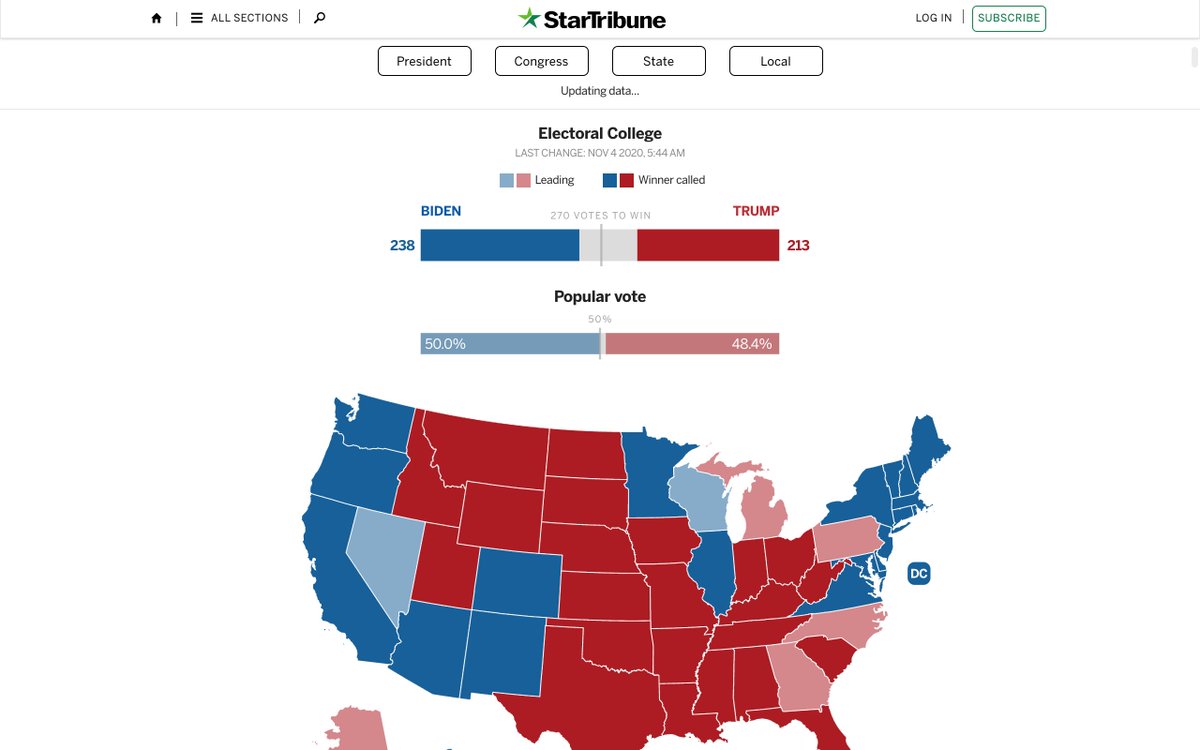 Lots of circles in these four ones. Thanks to  @jrissane &  @_Kcnarf! The Economist, finally published a few hours ago:  https://www.economist.com/graphic-detail/2020/11/03/the-us-2020-election-results Yle Uutiset :  https://yle.fi/uutiset/3-11620051 Les Echos :  https://www.lesechos.fr/monde/etats-unis/election-americaine-les-resultats-en-un-coup-doeil-1261782 Star Tribune:  https://www.startribune.com/2020-minnesota-election-results-live-president-joe-biden-donald-trump-congress-senate-smith-lewis-house-legislature-votes/572649921/