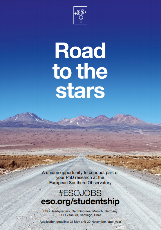 #ESOJobs Don't miss a unique opportunity to conduct part of your PhD research at ESO! Apply for a #ESOstudentship in Chile or Germany. Deadline: 30.11.2020. orlo.uk/xJe7a