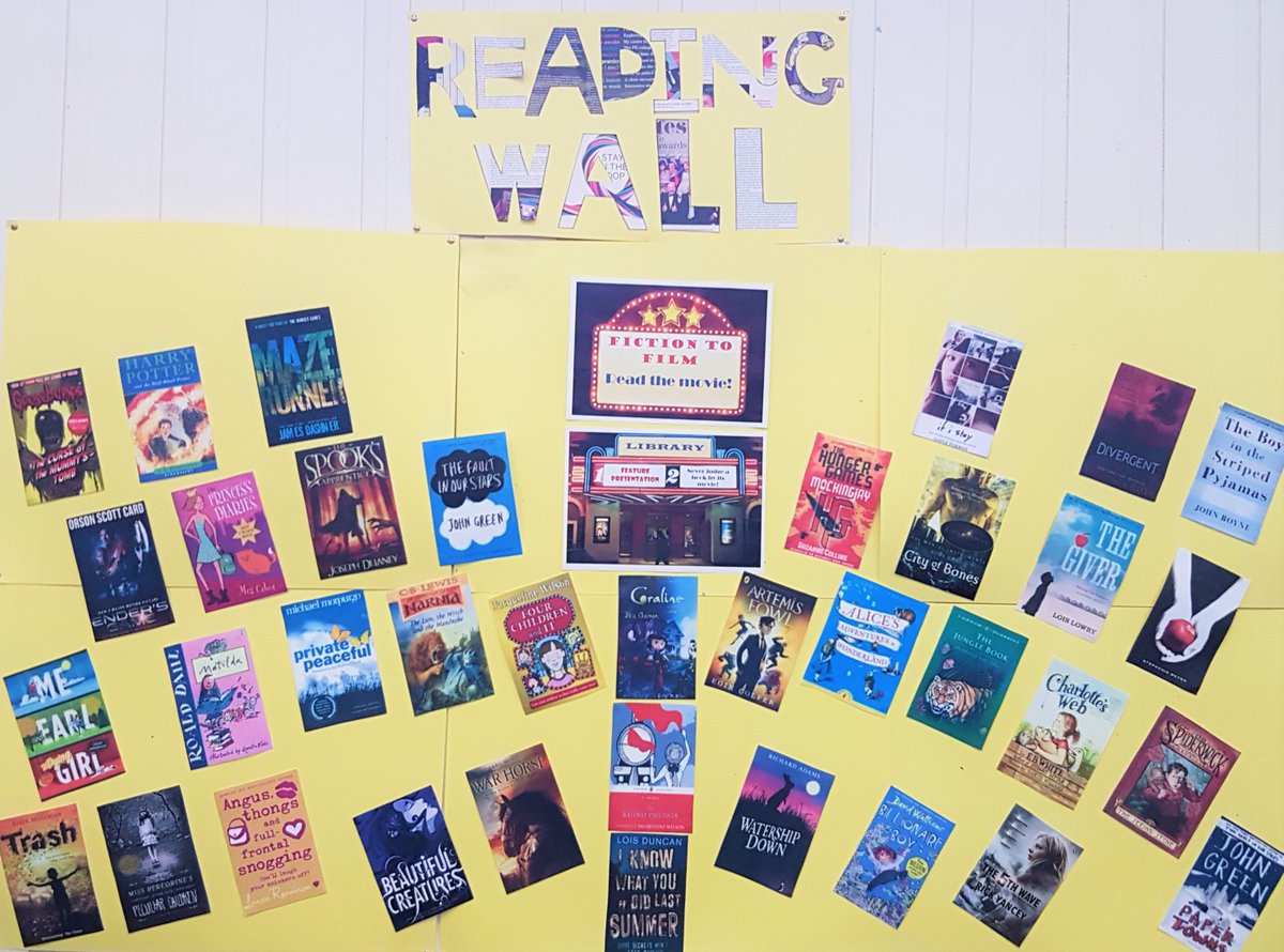 ArdAcadLibrary's tweet photo. The Reading Wall for November features books which became films. All titles are available for loan from the Library so let Mrs V know if you spot one you'd like to read. #ReadTheFilm #BooksAreGreat https://t.co/5g1Mx61rKP