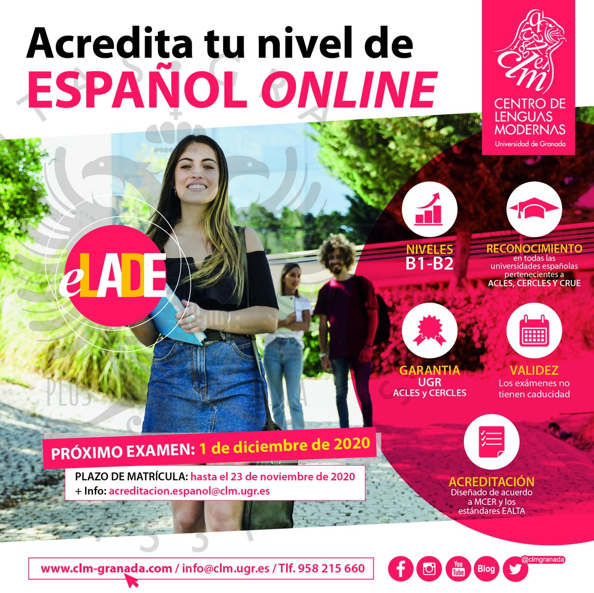 clmgranada's tweet photo. 🇪🇸¿Quieres acreditar tu nivel de español y no sabes ni cómo ni dónde? @clmgranada de @CanalUGR te da la posibilidad de hacerlo de manera cómoda gracias al examen oficial #eLADE, que no tiene caducidad.
->PRÓXIMA CONVOCATORIA: 1 de diciembre
->INFORMACIÓN: https://t.co/2H4ewV25Zr https://t.co/MV8zCS8Hoj