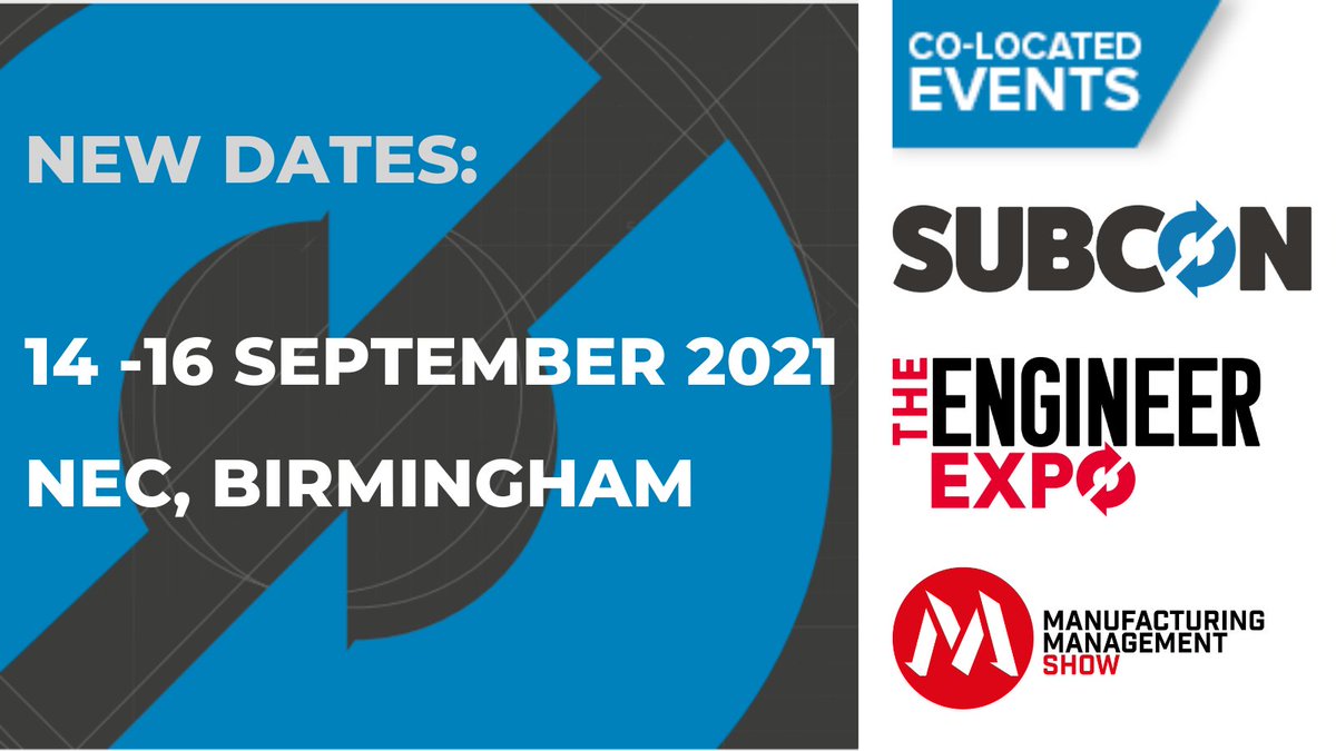 SubconShow's tweet photo. In the interest of everyone's safety, Subcon, The Engineer Expo and Manufacturing Management Show have been postponed until 14 - 16 September 2021. 

Postponing the show means we have even more time to deliver an outstanding event in 2021! Read more here: https://t.co/us8DNkPGHX https://t.co/0CCRR0Gm4W