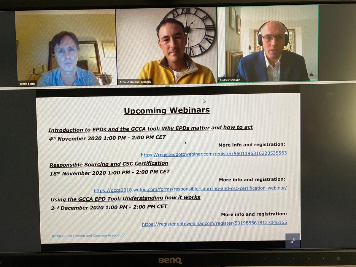 Andrew_Minson's tweet photo. The first of our 3 @thegcca Sustainability Webinars this Nov/Dec just kicked off.  Thanks to Jamie Farny of @PCA_Daily and Arnaud Dauriat @Quantis_intl. Topics today
Why #EPDs matter? &amp; Introducing V3.0 of GCCA/PCA EPD Tool. In a fortnight #responsiblesourcing and @CSC_Concrete https://t.co/uWBtH6aB7O