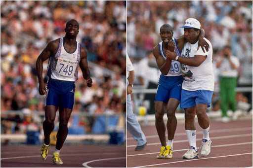 #104At the 1992 games, in the men’s 400m SF, one of the favorites, Derek Redmond, tore his hammer-string about halfway into the race.As he hobbled to reach the finish line, in a heartwarming moment, his father jumped in from the stands to assist his son in finishing the race.