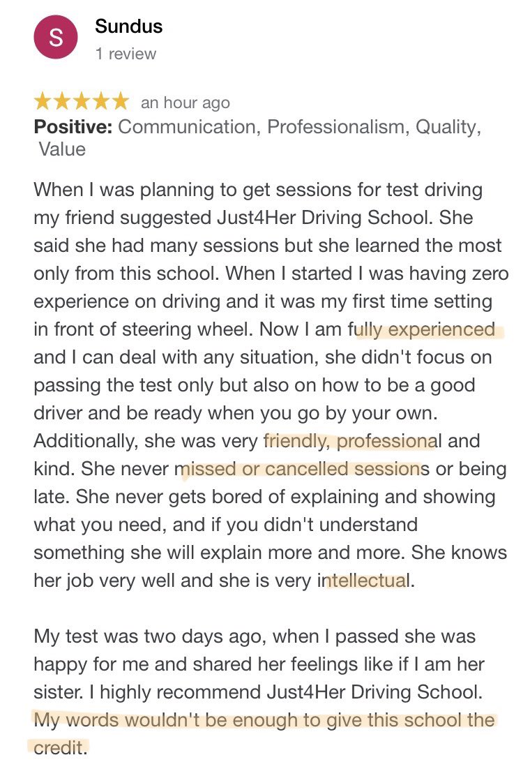 Just4HerDriving's tweet photo. Student review! https://t.co/AnIw24bkFg