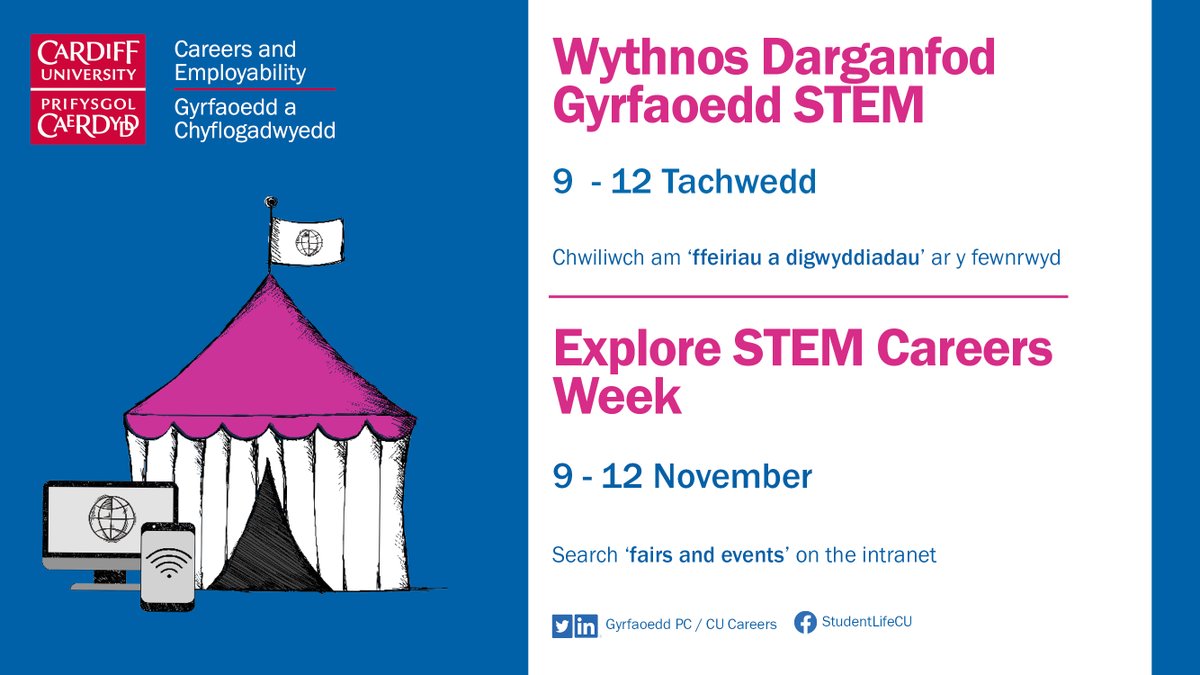 CardiffCareers's tweet image. Next week, we explore careers in STEM!😀We're excited to be delivering a range of online events for students to explore career opportunities! Students, find out more and book your space for events via your career account👉 bit.ly/32uaSOK