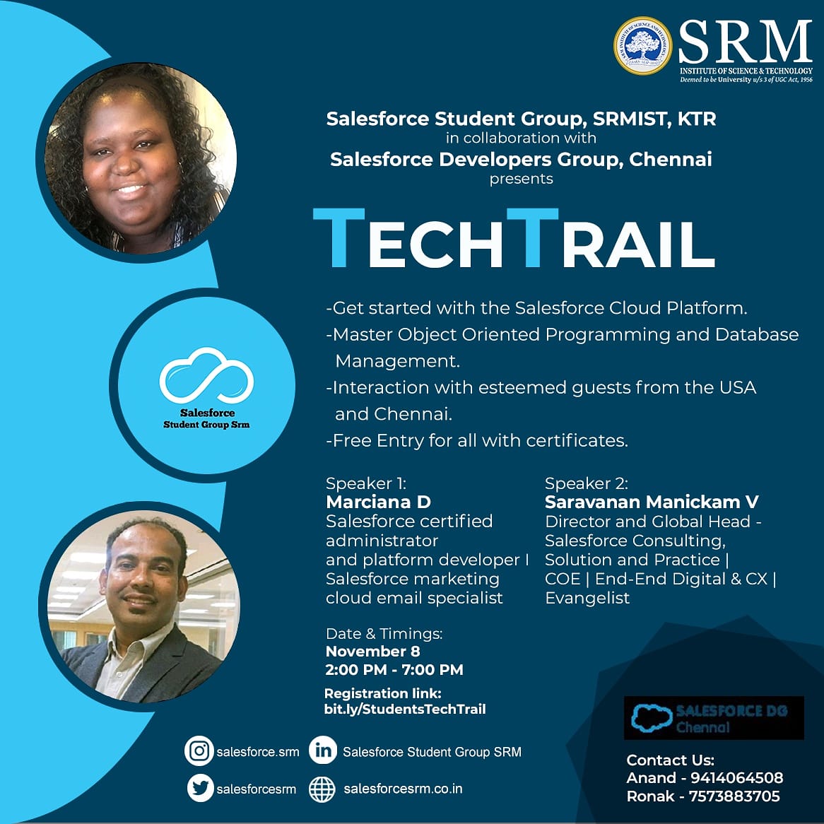 salesforcesrm's tweet photo. For an aspiring developer, looking for opportunities to kickstart their careers, we, Salesforce Student Group SRM, bring the perfect event - TechTrail. 
To know more https://t.co/KfY9xr3eUd
@SDGChennai @salesforce 
#Developer #career https://t.co/xxKKRvCSmn