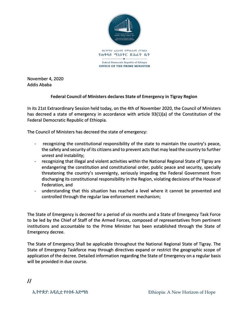Ethiopia: Federal government declared 6 months state of emergency following TPLF’s declaration of war on Ethiopia. A State of Emergency Task Force led by head of Army is established. Full statement belowFor timeline of how the TPLF started war on Ethiopia, check thread  above