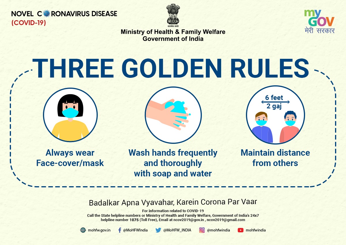 MyGovIndia on Twitter: "Are you following the three Golden Rules amidst the  COVID-19 pandemic? If not, do follow them to stay safe and protected from  Coronavirus. For more information related to COVID-19,
