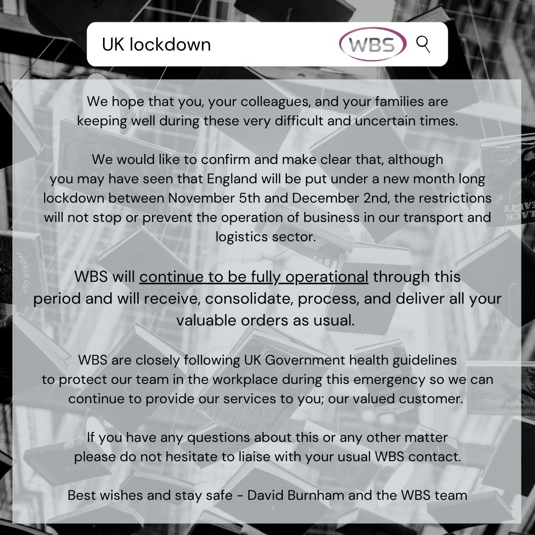 As the second lockdown in England approaches, we send you all best wishes and remind you that we will be fully operational throughout this period.

We can assist in any book or general cargo shipments you may have, so contact us today for more information 

#logistics #Covid19UK