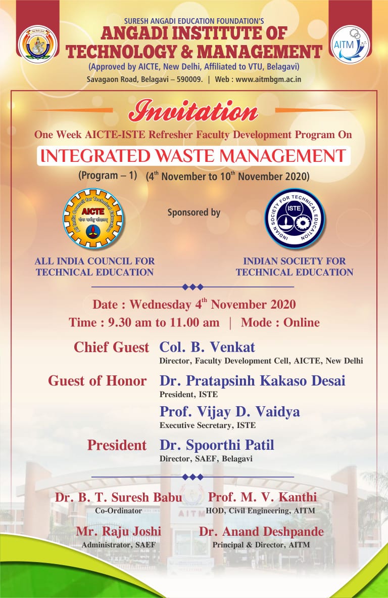 aitm_official's tweet photo. #OnlineOneWeekFDP
#DepartmentOfCivilEngineering
#InauguralCeremony
Department of Civil Engg, AITM, Belagavi, successfully organized Inaugural Ceremony of Online One week Refresher FDP on "Integrated Waste Management" sponsored by AICTE - ISTE on 4/11/2020. https://t.co/4DH6l0LoyN