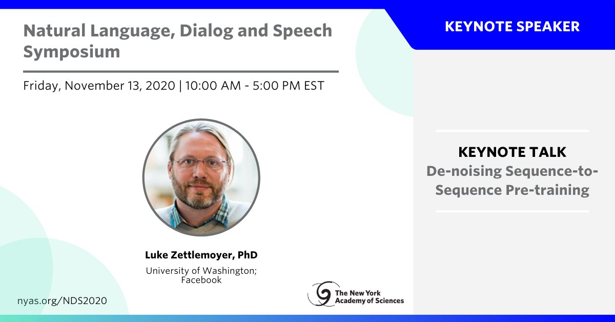 NYASciences's tweet photo. Join us on November 13 to hear researcher @LukeZettlemoyer of UWash/Facebook talk about his latest work providing a comprehensive set of pre-training methods for NLP and the first viable alternative to masked language modeling. https://t.co/IcSrp4SNqy #NDS2020 https://t.co/tdYO9LVr4T