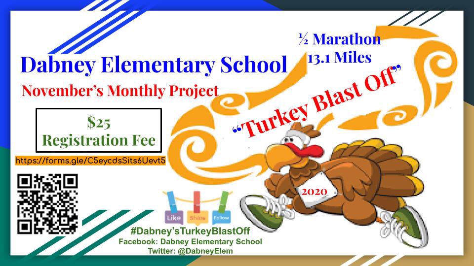 Dabney Elementary School is hosting a virtual “Turkey Blast Off” half marathon (13.1 miles). Registration includes a t-shirt and a race bib. You have all month to meet your goal! READY, SET, GO!!! <a href="/DabneyElem/">DabneyElemSchool</a> <a href="/VanceCoSchools/">Vance County Schools</a> forms.gle/C5eycdsSits6Ue…
