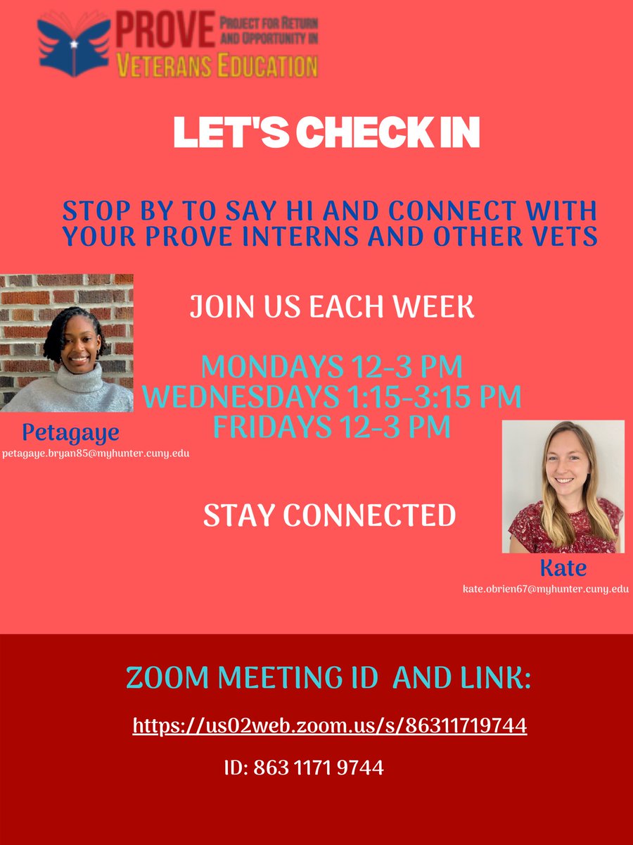 QCVets's tweet photo. Midterms got you down? E-learning isn’t what you hoped for? Have questions about school, transitioning, or general life?
Check in with our PROVE interns now offering office hours either one-on-one or in groups via Zoom
#QCVets #BackToSchool #edchat #prove #cuny #virtuallearn https://t.co/L16ZIxVQIB
