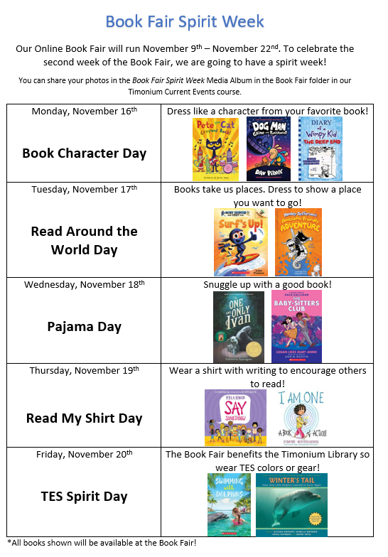 TimoniumESLibrary 📚 (@timoniumes_lib) on Twitter photo The <a href="/Scholastic/">Scholastic</a> #BookFair starts next Monday! We will celebrate the second week of the Book Fair by having a #SpiritWeek! Start planning ;)
<a href="/BCPSLMP/">BCPS LMP</a> #bcpslms <a href="/tes_pta/">Timonium ES PTA</a> The <a href="/Scholastic/">Scholastic</a> #BookFair starts next Monday! We will celebrate the second week of the Book Fair by having a #SpiritWeek! Start planning ;)
<a href="/BCPSLMP/">BCPS LMP</a> #bcpslms <a href="/tes_pta/">Timonium ES PTA</a>