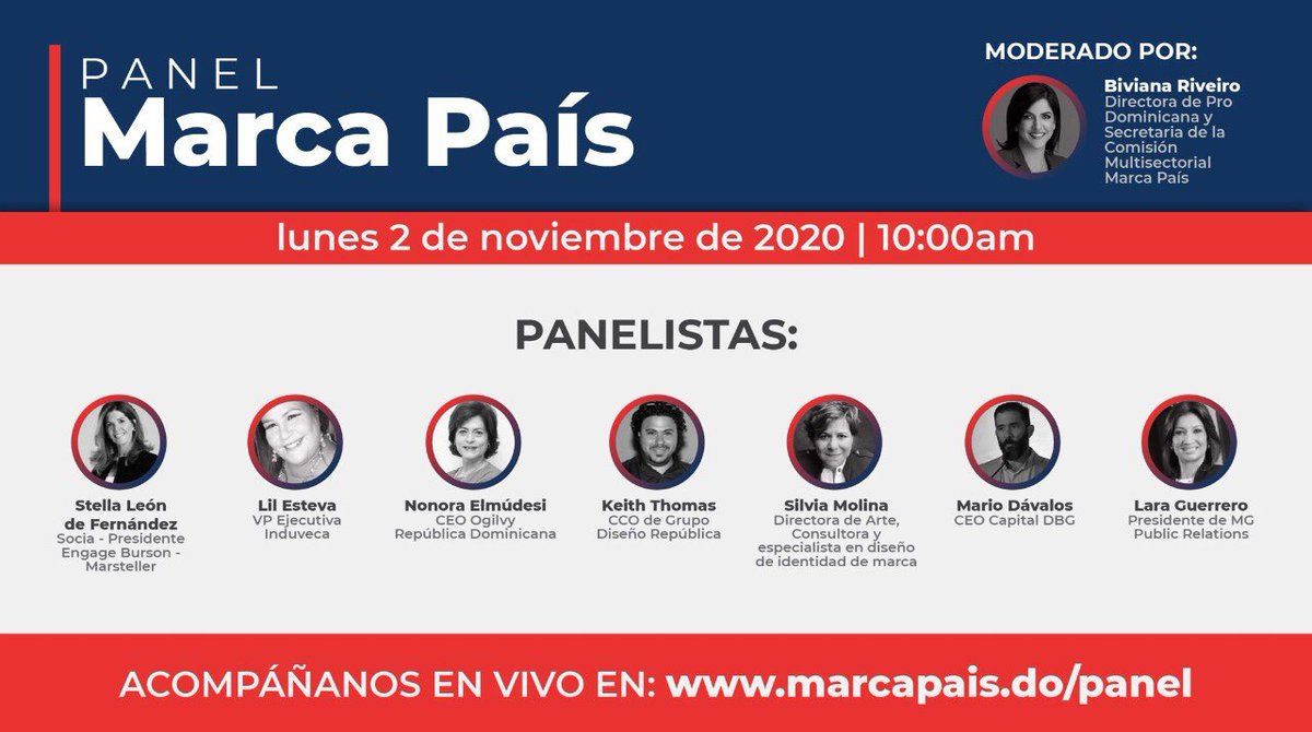 #EnVivo 2do panel “Marca País” donde <a href="/BivianaRiveiro/">Biviana Riveiro</a>, directora de <a href="/prodominicana/">ProDominicana</a>, junto a un grupo de expertos, conversarán sobre <a href="/marcapaisrd/">Marca País República Dominicana</a>.  #RepublicaDominicana 🇩🇴

Únete al panel a través de este link 📲youtu.be/BR4hcoiMbnw