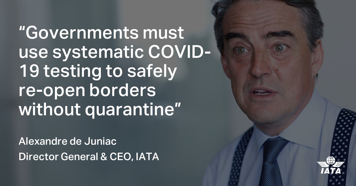 IATA's tweet photo. For each day that the crisis continues, the potential for job losses &amp; economic devastation grows. Unless govts act fast, some 1.3 million airline jobs are at risk. #Test4Travel

Access full release 👉 https://t.co/JjEn4GD1LK https://t.co/nIaDYYapWj