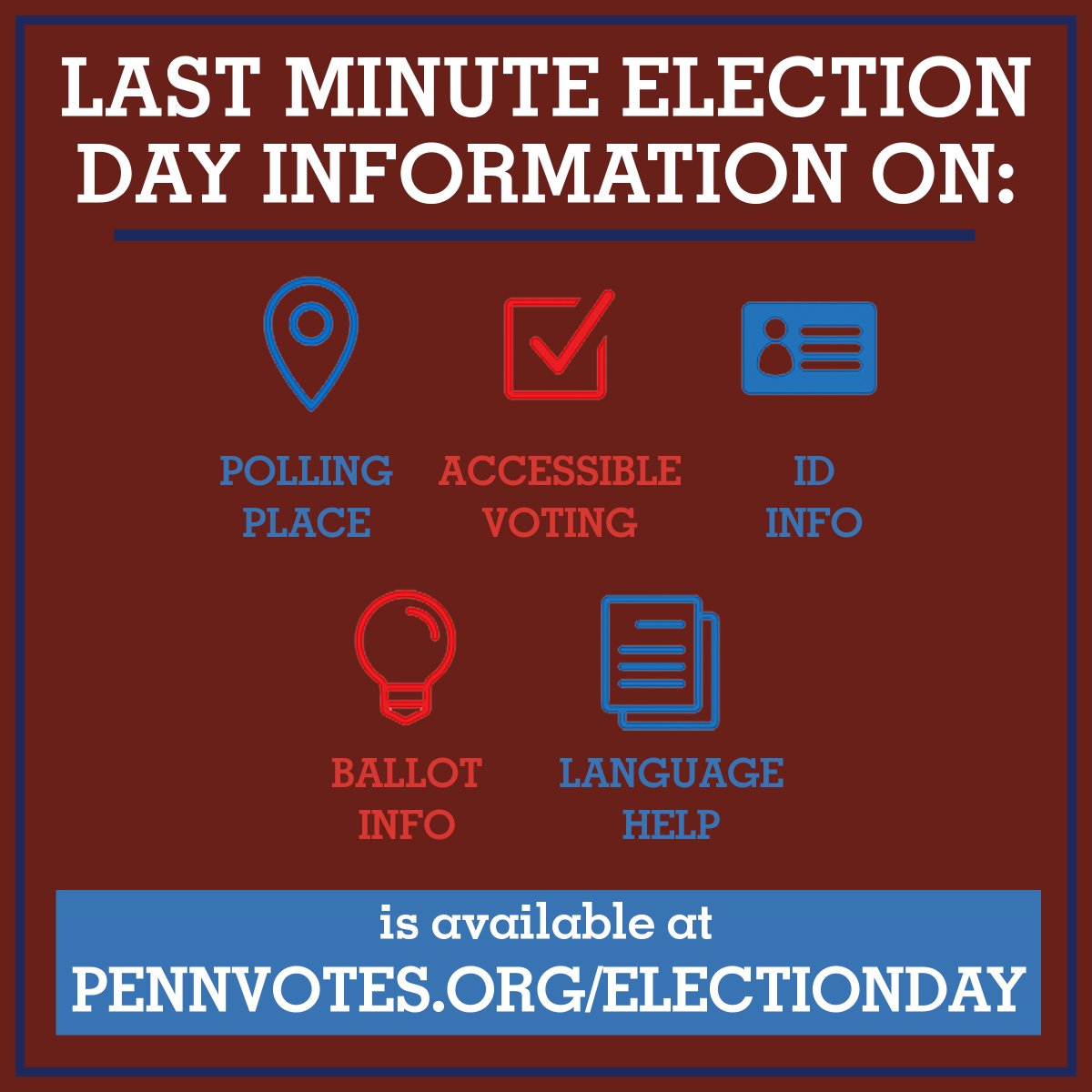 PennVotes's tweet photo. Election Day is tomorrow! Do you have all the information you need? Check out https://t.co/9gsBiWtps9 for all your last minute questions. #pennvotes https://t.co/g5ja0bwJRX
