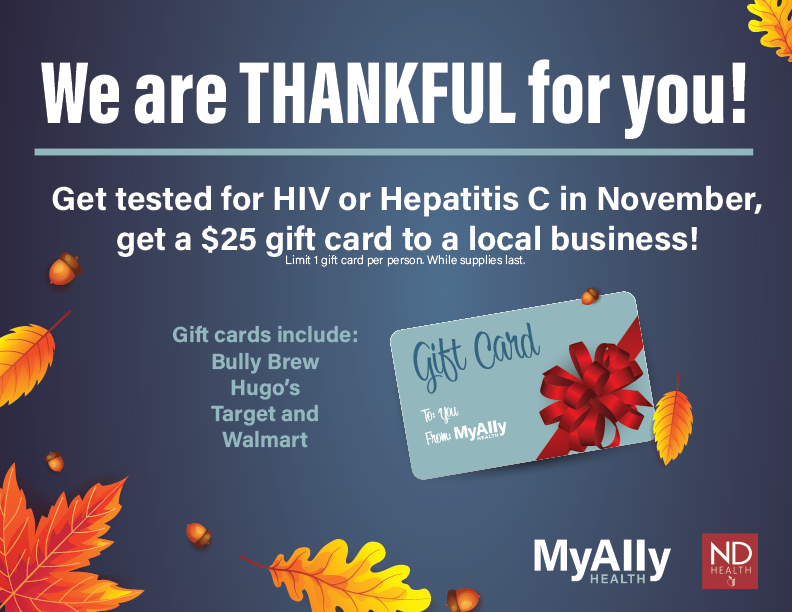 MyAllyHealth's tweet photo. Starting TODAY!

Get a free test for HIV and/or Hepatitis C in the month of November, and MyAlly Health will give you a $25 gift card! Call 701-757-ALLY to schedule an appointment ASAP so you get first pick of the gift cards! 🎁 https://t.co/zZsv3y7D4Y
