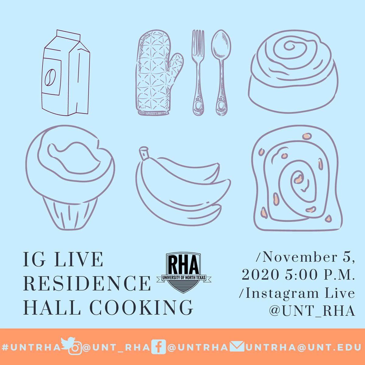 Our second residence hall cooking will be taking place on instagram live this Thursday the 5th starting at 5 p.m.! come join us as we make cinnamon rolls and pizza with items you can find in your residence hall and a microwave!