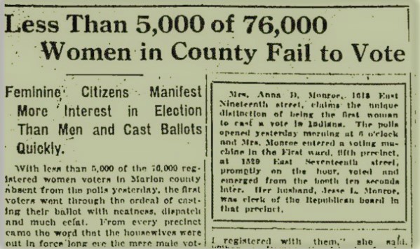 The first general election where women were allowed to vote was 100 years ago today. A record 93% of the 76k women registered to vote in Marion County went to the polls.