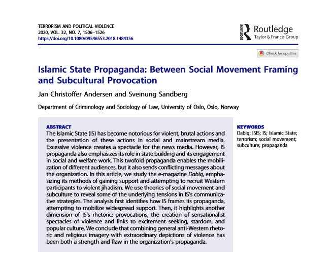 Andersen0202's tweet photo. For anyone interested in Islamic State propaganda my paper with @SveinungSandbe1 is republished in the newest issue of Terrorism and Political Violence.
👇
https://t.co/3HQxoOoE3D https://t.co/x5lg9NZCSA