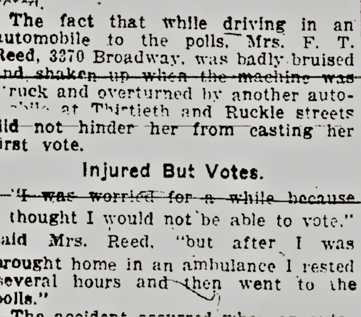 First-time voter Nina Reed was rear-ended at 30th & Ruckle on her way to vote. Her car flipped on its side and she was taken home by ambulance. She rested several hours before returning to the polls, & although badly bruised, told  @indystar that she felt much better after voting