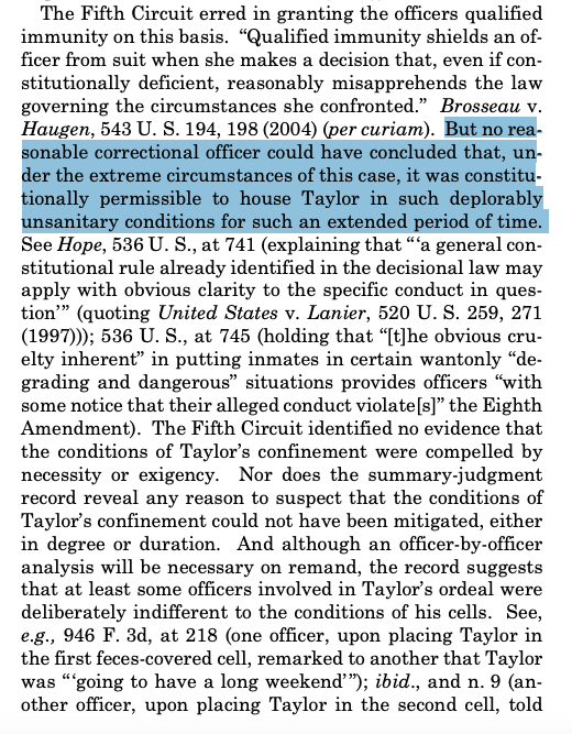 It's extremely rare for the Supreme Court to reverse a grant of qualified immunity to law enforcement or correctional officers. Pretty telling that even SCOTUS thought the 5th Circuit took qualified immunity way too far.  https://www.supremecourt.gov/orders/courtorders/110220zor_08m1.pdf