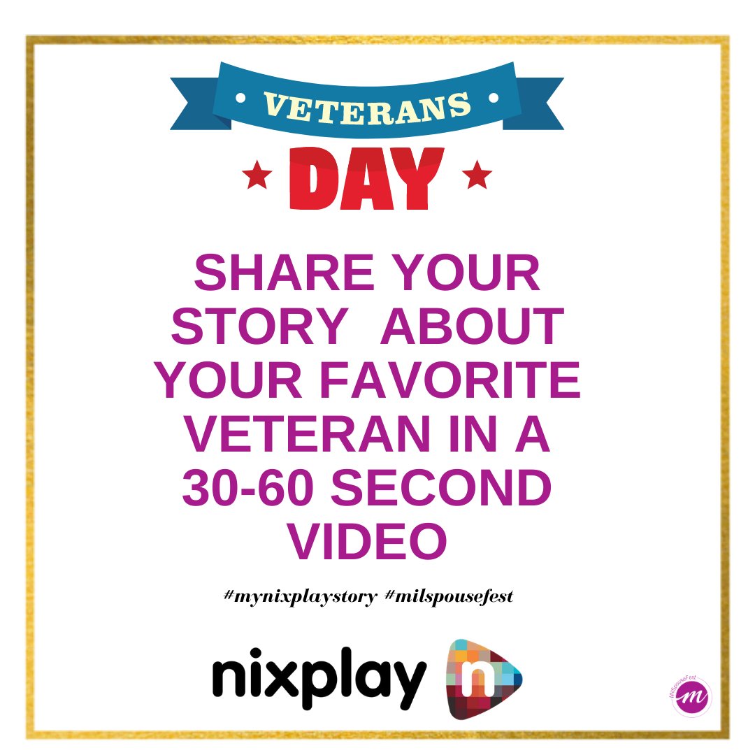 milspousefest's tweet photo. WIN a Nixplay Digital Frame. 
Share your story in a 30-60 second video about your favorite Veteran. Post your video on Facebook or Instagram. Make it public, #mynixplaystory &amp; #milspousefest. 
All entries are due Tuesday, November 10 at midnight ET. #veteransday https://t.co/5AdTFQefVA
