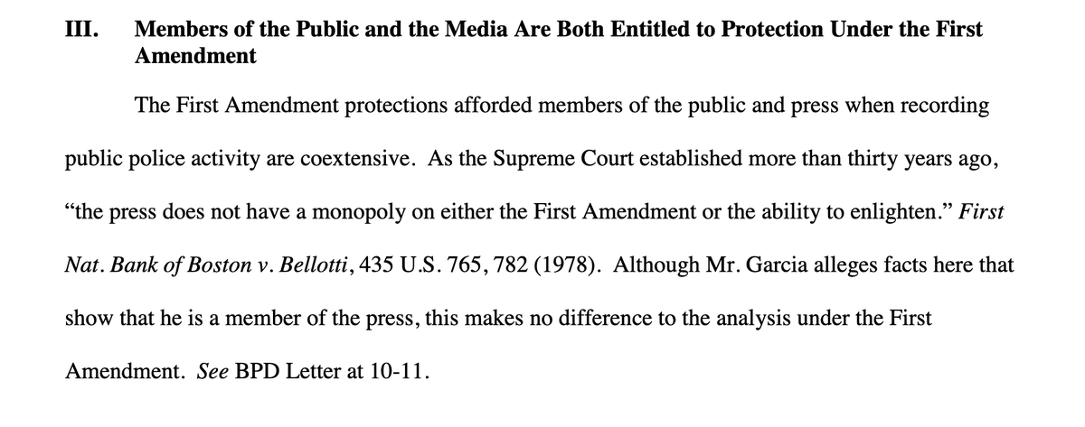 “The First Amendment protections afforded members of the public and press when recording public police activity are coextensive.” @ pp. 11-12 (citing cases). https://www.justice.gov/sites/default/files/crt/legacy/2013/03/20/garcia_SOI_3-14-13.pdf
