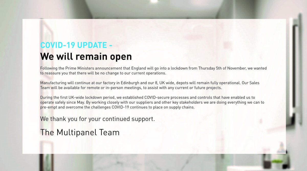 COVID-19 UPDATE - We will remain open Following the Prime Ministers announcement that England will go into a lockdown from Thursday 5th of November, we wanted to reassure you that there will be no change to our current operations. We thank you for your continued support.