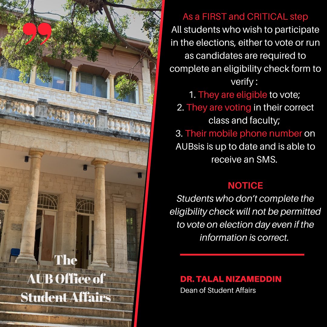 aubleb_osa's tweet photo. AUB Elections Calendar 2020  https://t.co/wVnSjY0Ul0 OPEN TO VOTE #aubelections #osa #officeofstudentaffairs #aub #americanuniversityofbeirut #voting #eligibility #linkinbio #electronicelections @TalalNizameddin https://t.co/9lWDCWefL5