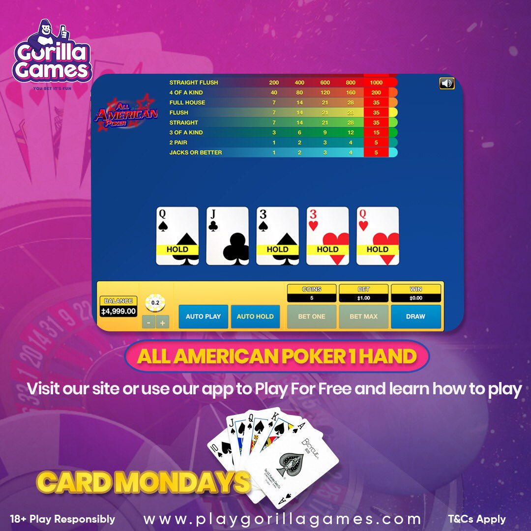 GorillaGamesRw's tweet photo. #cardgamemonday
Uyu munsi umikino wa makarita ni ~ ALL AMERICAN POKER 1 HAND ~
Sura https://t.co/whGAUMSIsK cyangwa ukoreshe Android Casino App yacu π² gukina utsinde!
#casino #cardgames #easy #fun #bestodds #onlinegaming #onlinebetting https://t.co/RtNqwUFbuO