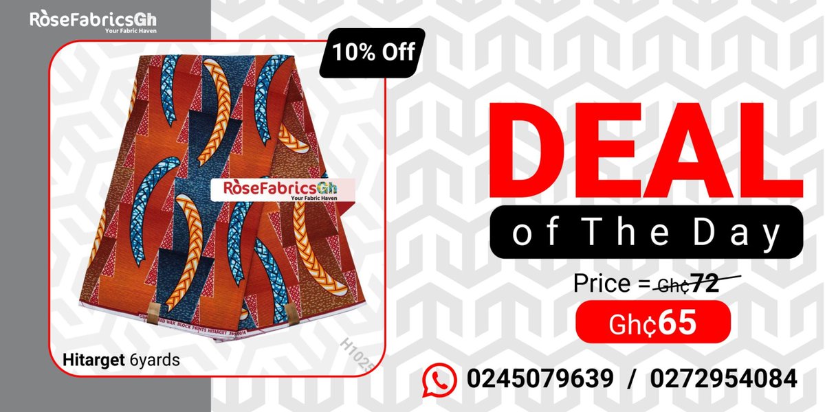 RosefabricsGh's tweet image. Yayyy🤸🏾‍♂️🤸🏾‍♂️🤸🏾‍♂️up to 10% off on some of our African print fabrics 💃🏻 💃🏻 who is super excited 😜 Don’t miss out. Sales are ongoing... 😊Shop for your African fabrics at jaw-dropping prices 🛍
#Dealoftheday #Hitarget @RosefabricsGh