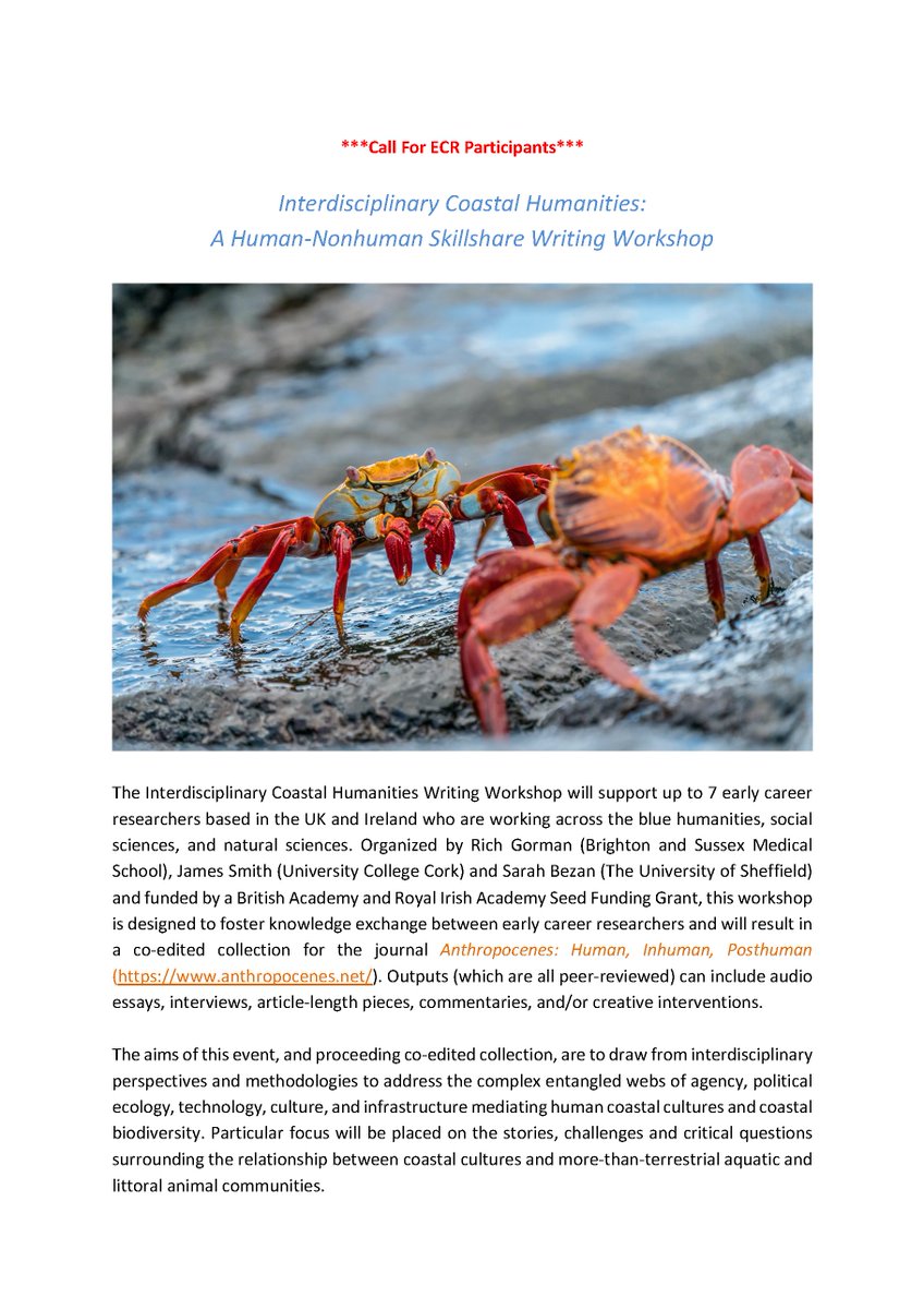 sarahbezan's tweet image. A reminder to ECRs in UK/Ireland that the due date for the @BritishAcademy_ and @RIAdawson funded Interdisciplinary Coastal Humanities writing workshop is 15 NOV. Come hang out with @SustainableRich @ScrivenerSmith and me to draft a stellar article for #Anthropocenes Journal!