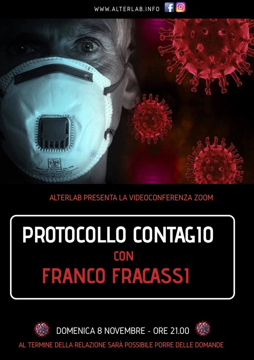 FrancoFracassi1's tweet image. 🚨 DOMENICA 8 Novembre ORE 21:00 PRESENTAZIONE DEL LIBRO #PROTOCOLLOCONTAGIO SU PIATTAFORMA #ZOOM 🚨
Grazie alla collaborazione di #alterlab.
#Covid_19 #libroinchiesta #giornalismodinchiesta #pandemia