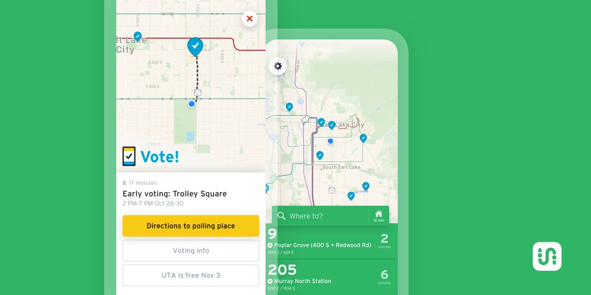 RideUTA's tweet photo. You can now find vote-early locations and polling places in @Transitapp.
Don't forget Election Day all UTA services will be free.
Get out. And VOTE. *
*with your mask of course
#UTAtoVOTE #freefare #vote #getoutthevote #vote2020 #utahelection #utah #SLC https://t.co/8S8tqBCEh5