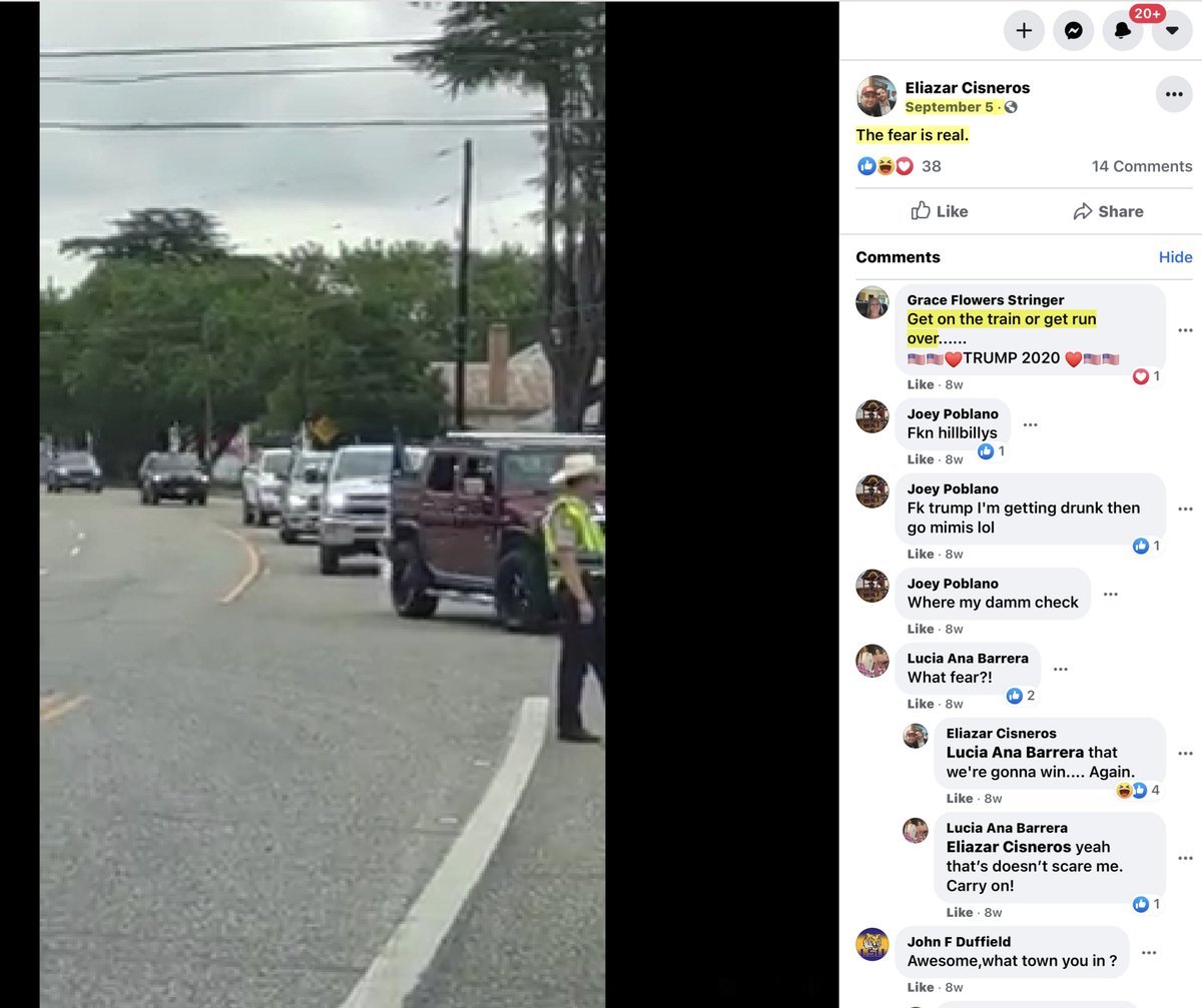 this is the kind of mentality of MAGA @Facebook is their platform of choicethey conspire, coordinate & then brag about their actions of voter intimidation, voter suppression and Cisneros & Trump Train NB used Isis like techniquesnone of this is normal  https://www.facebook.com/eliazar.cisneros.7/videos/3652900498055012