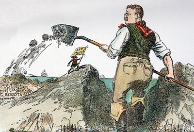 Some depictions of Roosevelt’s Big Stick policy. Notice in the second photo, he is throwing dirt on Bogotá (Colombia) as that was the center of political affairs of Gran Colombia.