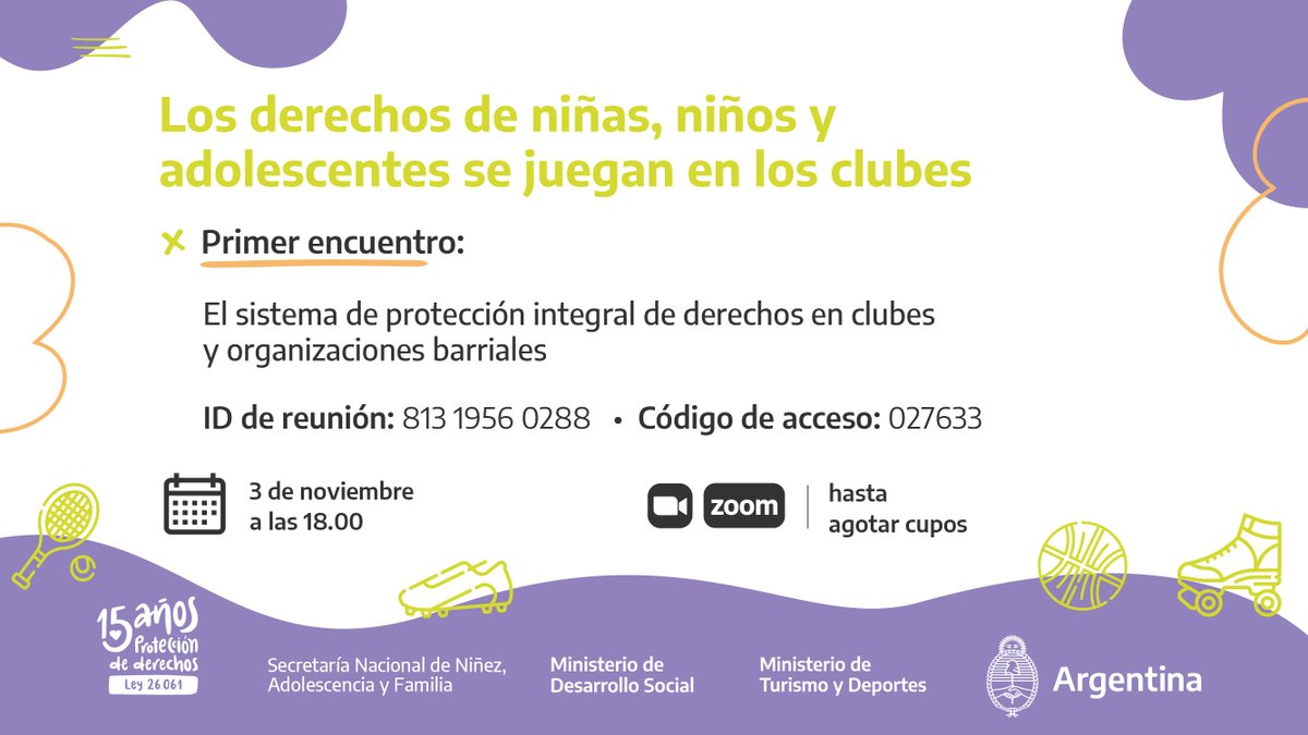 Con el panel sobre el sistema de protección integral de derechos en clubes y organizaciones barriales, mañana comienza el ciclo de charlas destinado a fortalecer el rol de las instituciones deportivas y comunitarias. ⚽️🏀🎾

👉 bit.ly/senaf-cursos

#15AñosProtecciónDeDerechos