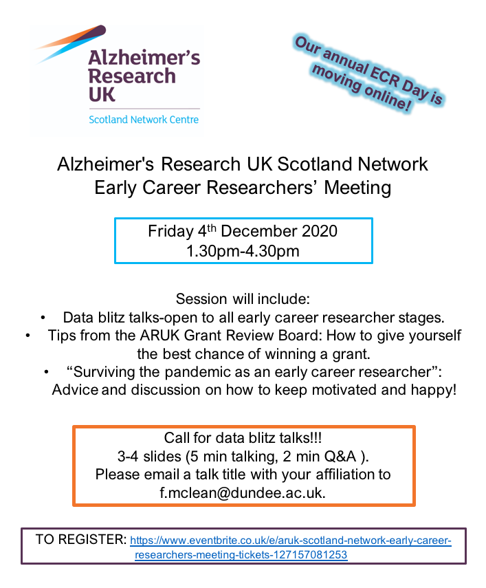 FHMcLean's tweet photo. Our @AlzResearchUK Scotland Network Early Career Researchers' Meeting is moving online🖥️! It is on the 4th of Dec 1.30-4.30pm and you can register for free here 👩‍🔬👨‍🔬: https://t.co/OxVLnlGYVg

#sharetheorange🍊 #dementiaresearch #ecrchat  #alzheimersreseach #AcademicChatter 🧠🧪🔬 https://t.co/W8eufxld7X