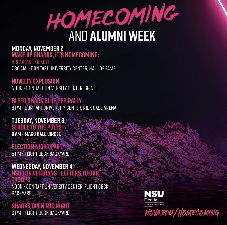 NSUORLANDO's tweet photo. Start off this month with a Homecoming week filled with events. Open to all NSU students! https://t.co/rtf3J28rLE