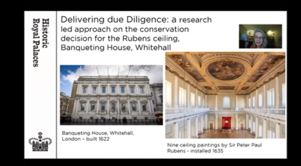 Kate Frame's poster highlights research-led, stakeholder decision making that moved from #preservation to #conservation for the Reubens ceiling @ Banqueting House <a href="/HRP_palaces/">Historic Royal Palaces</a>, a location I walked along each day for 3 yrs. #IICCongress <a href="/IIC_/">IIC - Conservation</a>